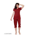 Maroon women’s night suit with ruffled short-sleeve top and cropped pants