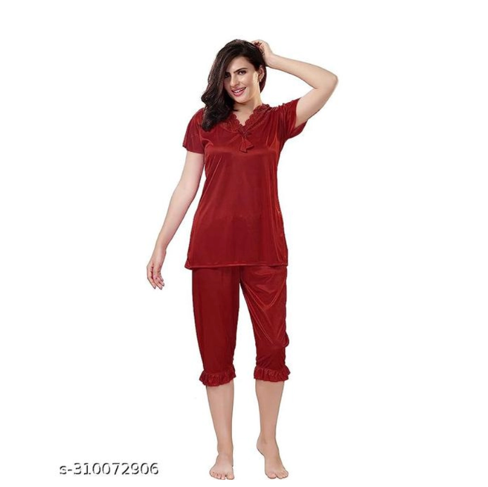Maroon women’s night suit with ruffled short-sleeve top and cropped pants