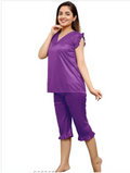 Women's purple night suit set with ruffled cap sleeves top and cropped pants