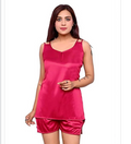 Women's pink satin camisole nightdress set with matching short pants