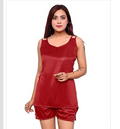 Red satin sleeveless nightdress set with V-neck camisole and matching shorts