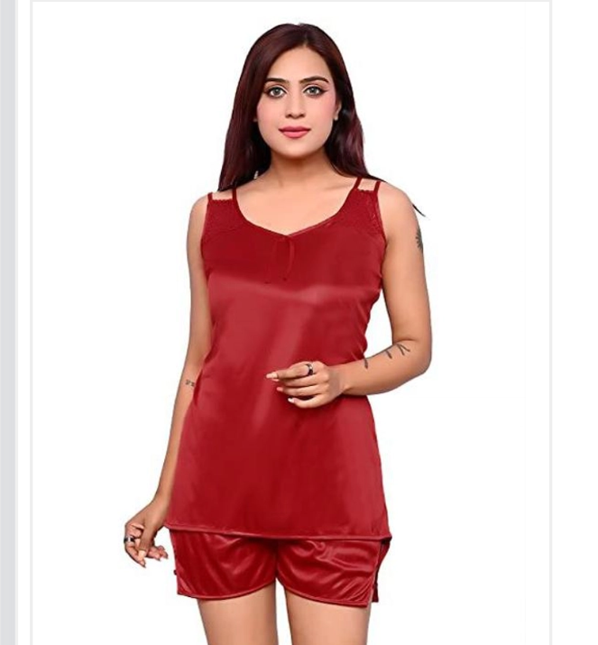 Red satin sleeveless nightdress set with V-neck camisole and matching shorts