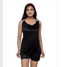 Black satin nightdress camisole and matching shorts set, V-neck, adjustable straps