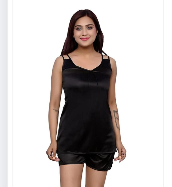 Black satin nightdress camisole and matching shorts set, V-neck, adjustable straps