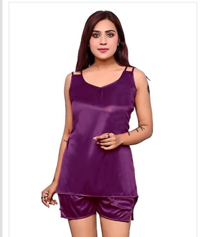 Purple satin sleeveless nightdress set with V-neck and matching shorts