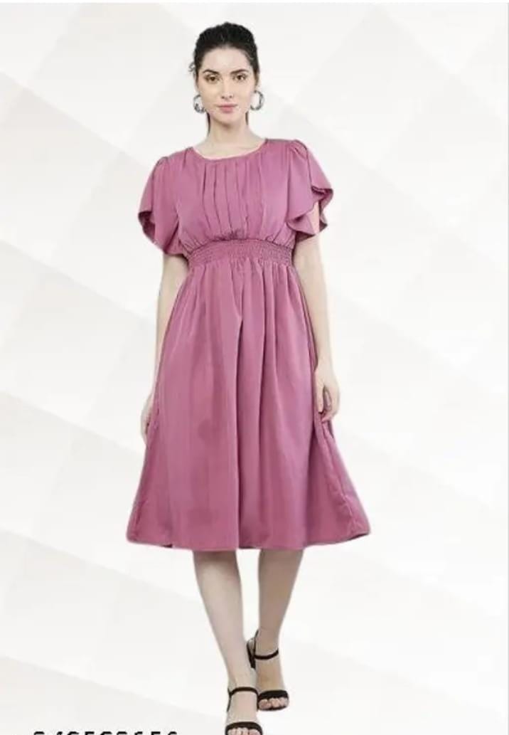 Pink fit-and-flare midi dress with short flutter sleeves and pleated gathered bodice