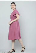 Pink fit-and-flare viscose dress with short flutter sleeves and gathered waist