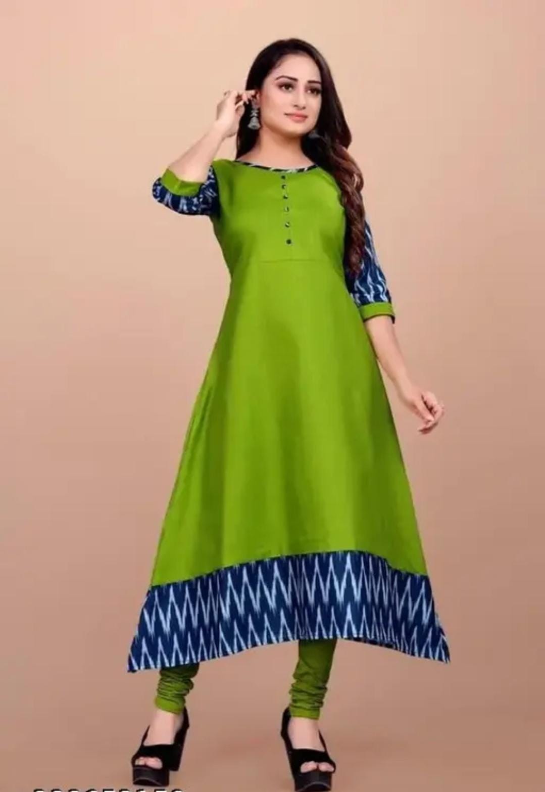 Green women’s dress gown with blue zigzag cuffs and hem, button front, round neckline