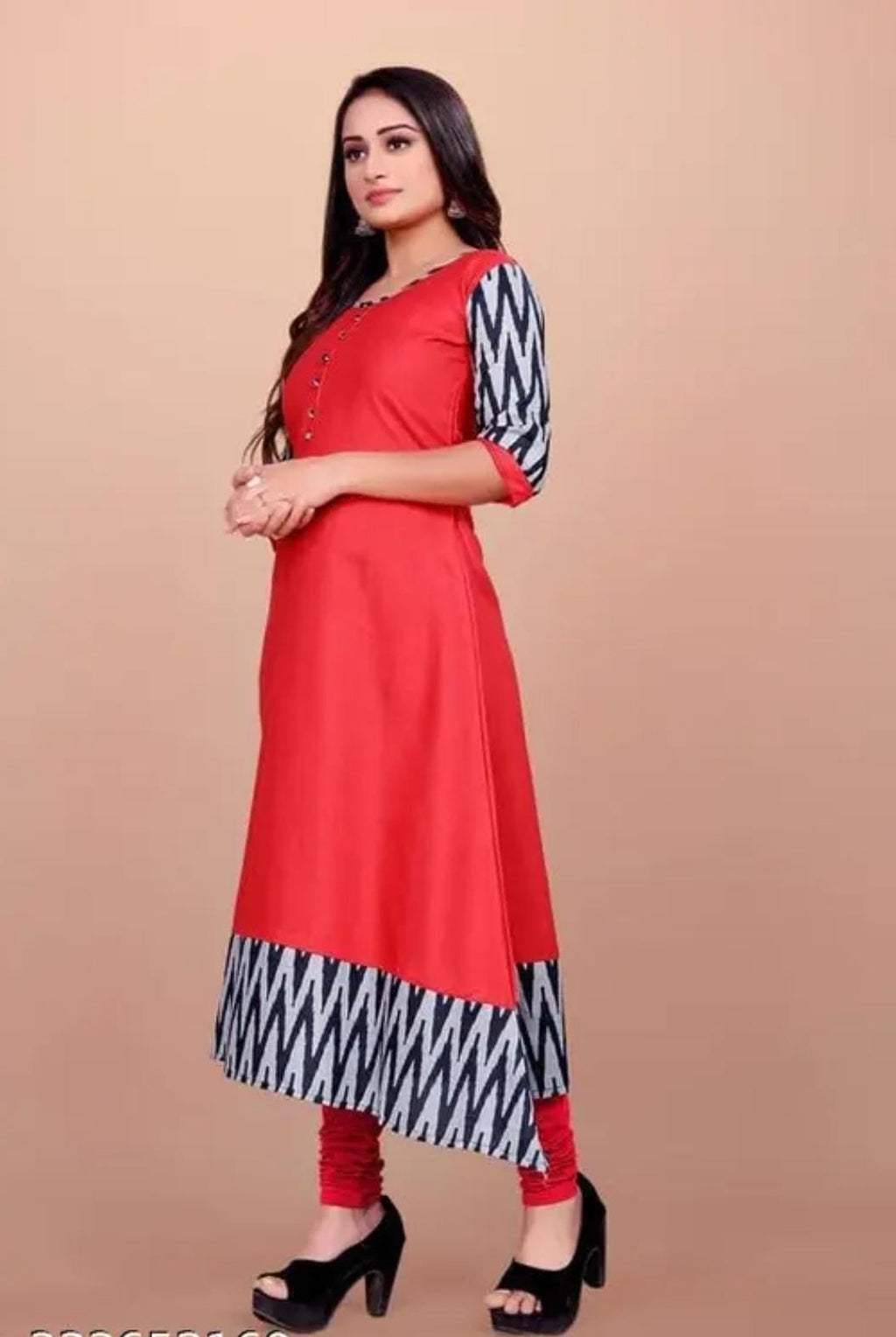 Red cotton gown with zigzag print sleeves and hem, ankle-length flare