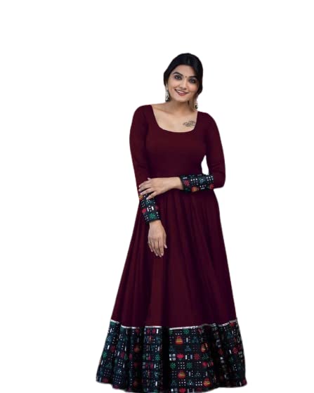 Maroon rayon long-sleeve gown with patterned cuff and hem border, square neckline
