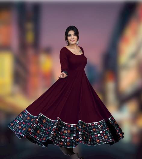 Maroon long-sleeve maxi gown with patterned hem border and wide gathered skirt