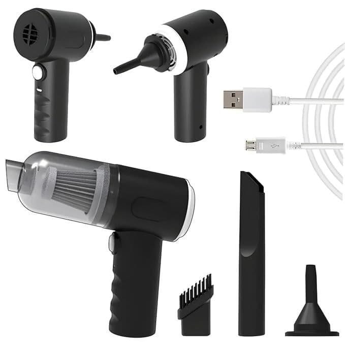Portable handheld vacuum blower with clear dust container, attachments, and charging cable