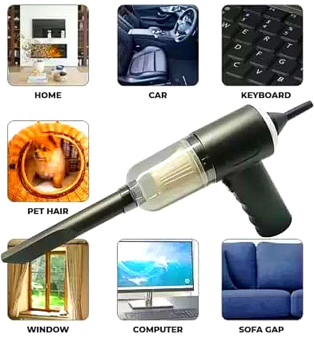 Vacuum blower marketed for pet hair, home, car, keyboard, window, computer, and sofa gaps