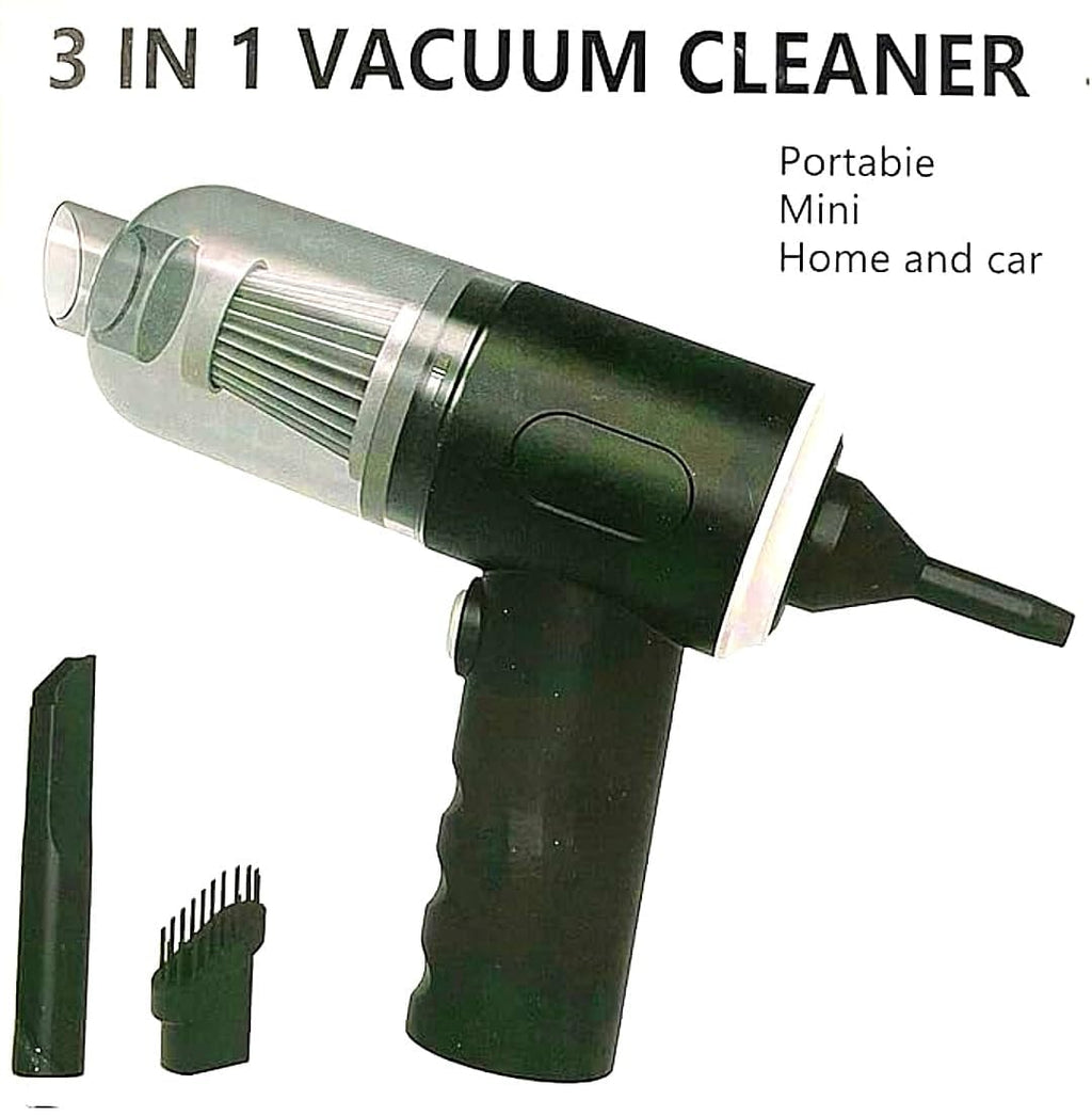 3-in-1 portable mini vacuum cleaner with clear dust cup and dark green handle tools