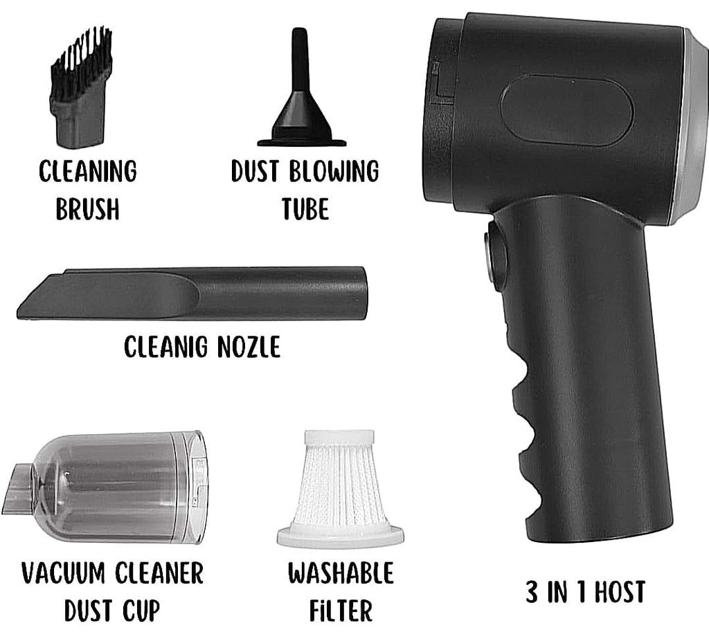 Black 3-in-1 vacuum blower with cleaning brush, dust blowing tube, and washable filter