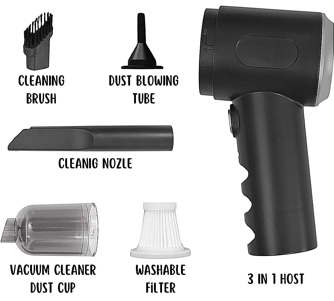 Black 3-in-1 vacuum blower with cleaning brush, dust blowing tube, and washable filter