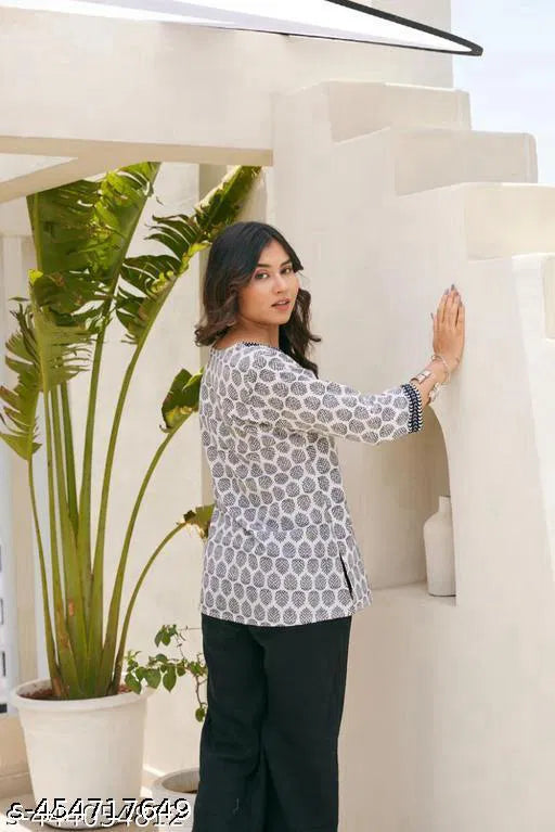 White cotton kurti with grey circular hand-block print, front view, 3/4 sleeves