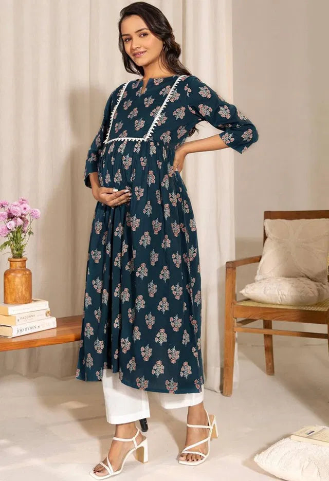 Teal floral maternity kurta with contrast trim, notch neckline and A-line hem