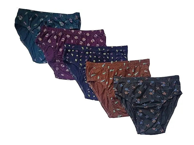 Women’s hipster panties set in navy, purple, and brown with small pattern print