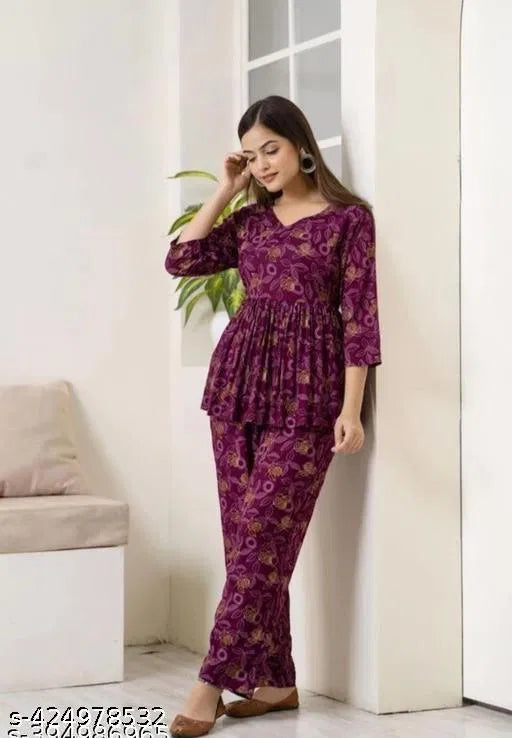 Women's printed co-ord set, purple floral top with matching ankle pants