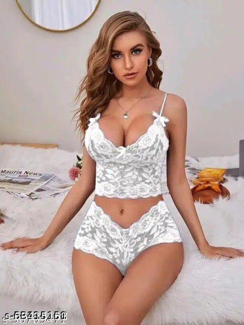 White lace babydoll lingerie set with matching high-waist briefs and camisole straps