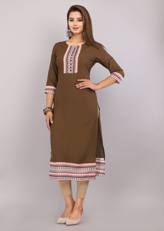 Dark olive brown women's kurti with multicolor panel at center and embroidered hem