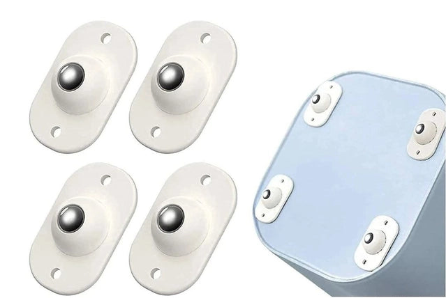 Four white corner swivel caster wheels with metal centers on a storage box corner