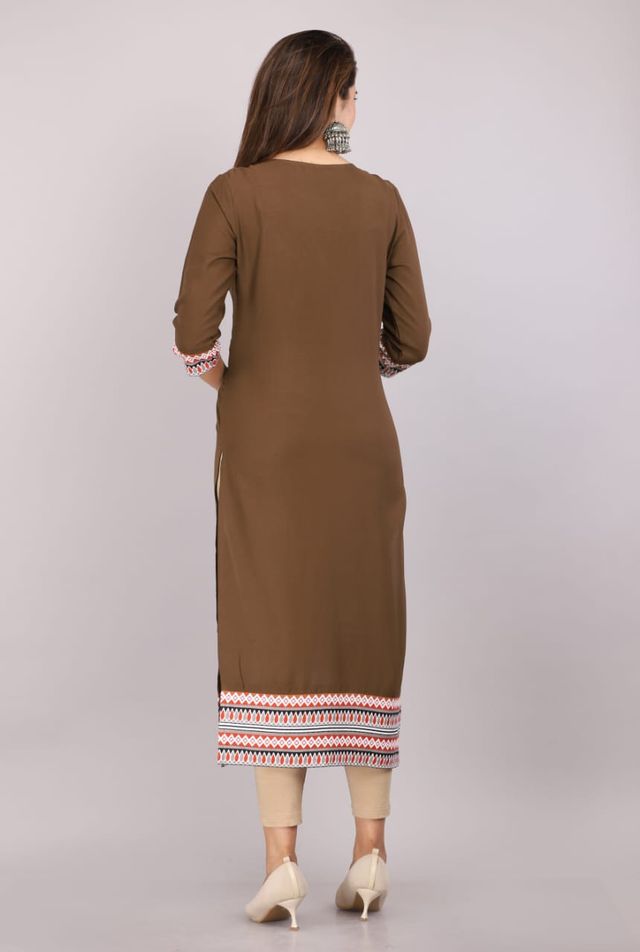 Back view of dark olive brown women's kurti with multicolor hem trim and embroidered cuffs