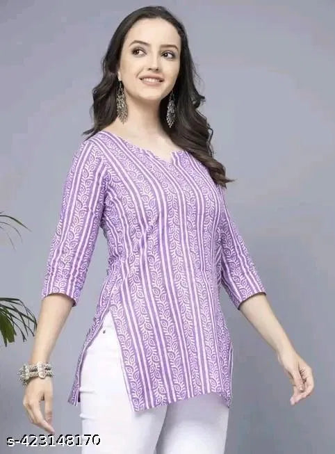 Lavender short cotton kurti with V-neck, white vertical pattern, three-quarter sleeves