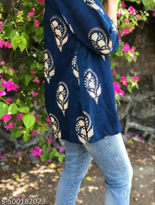 Blue kurti sleeve and front panel with cream block-print tree motifs