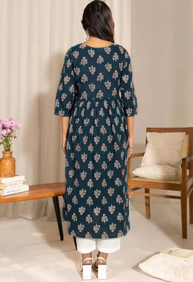 Teal floral maternity kurta, rear view, straight A-line silhouette with 3/4 sleeves