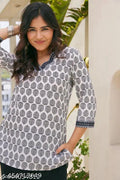 White cotton kurti with grey circular hand-block print, 3/4 sleeves, V-neck