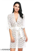 White lace babydoll dress with V-neck, half sleeves, tie-waist belt