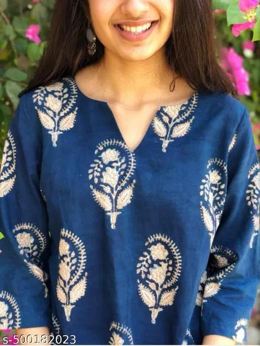 Blue block-print kurti with cream tree motif, V-neck and long sleeves