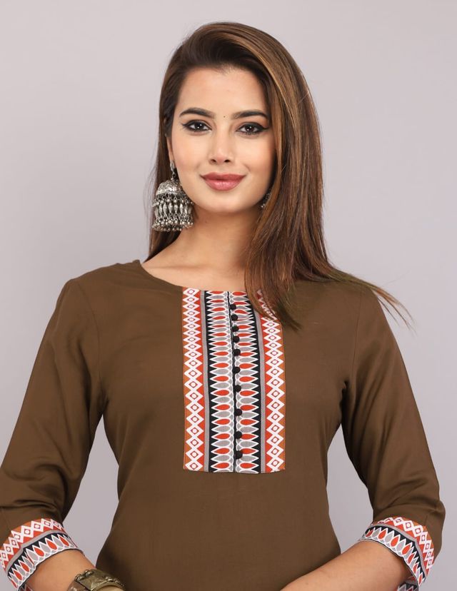 Dark olive brown women's kurti with geometric multicolor front yoke and 3/4 sleeves