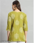 Green short kurti with three-quarter sleeves and white floral tree prints