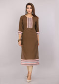 Dark olive brown women's kurti with multicolor embroidered neckline, cuffs, and hem