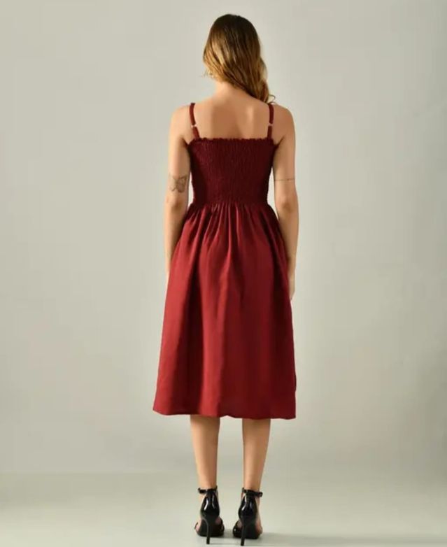 Maroon smocked back spaghetti-strap knee-length dress