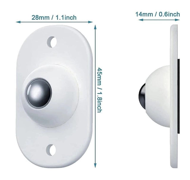 White self-adhesive swivel caster with metal wheel, side profile; 1.1 in length