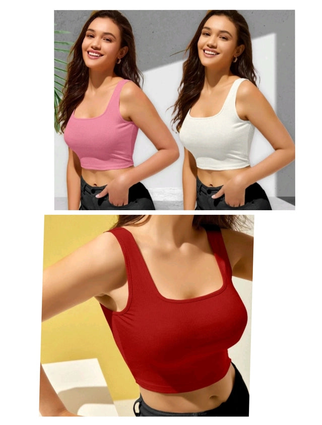 Women’s cotton blend solid tank tops (pack of 3), scoop neck, sleeveless; pink, white, red.