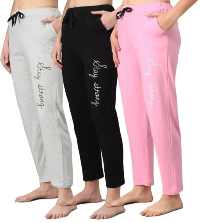 Pack of 3 women's straight-fit drawstring trousers, gray, black, and pink