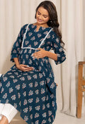 Teal floral maternity kurta with notch neckline, A-line fit and 3/4 sleeves