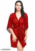 Red lace babydoll chemise with tie belt, V-neck, 3/4 sleeves, thigh slit