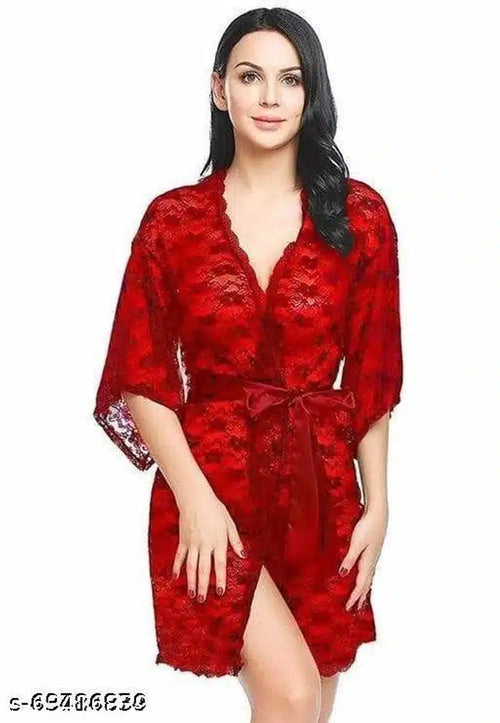 Red lace babydoll chemise with tie belt, V-neck, 3/4 sleeves, thigh slit