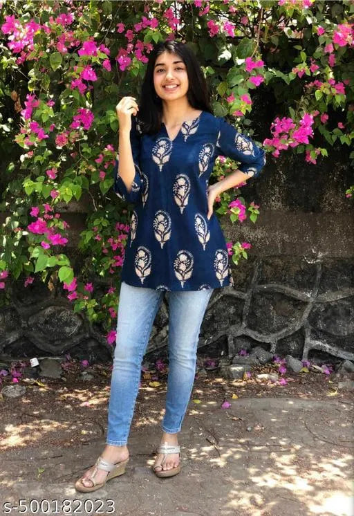 Blue block-print kurti with cream motifs, long tunic length and long sleeves