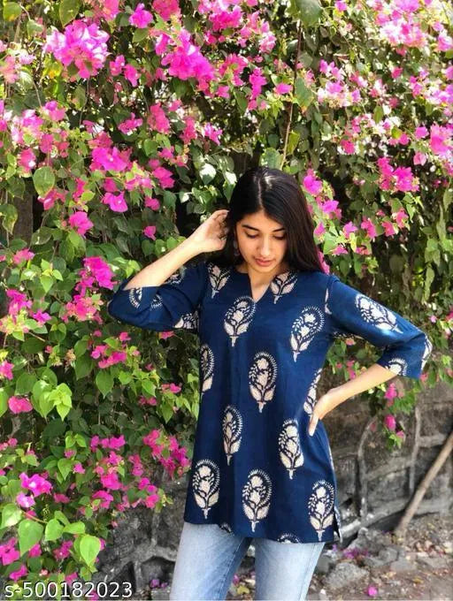 Blue block-print kurti with cream tree patterns, long sleeves and straight hem