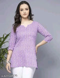 Lavender short cotton kurti with V-neck and white vertical print, three-quarter sleeves