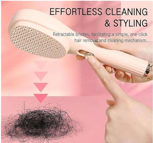 Pink hair brush with retractable bristles and one-click cleaning mechanism, for detangling and scalp massage