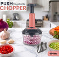 Manual vegetable chopper with push handle and 650 ml clear bowl, stainless blade set