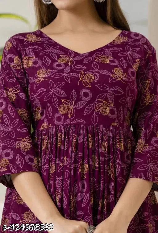 Women's printed co-ord set, purple patterned tunic top with 3/4 sleeves